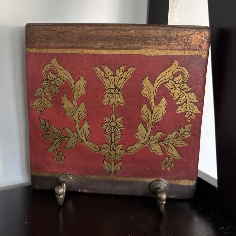 Antique Style Wall Mounted Tile Plaque Red/Gold Floral w/ 2 Metal Hooks